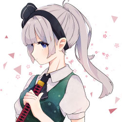 Rule 34 | 1girl, absurdres, alternate hairstyle, ascot, black ascot, black hairband, blunt bangs, blunt ends, blush, bow hairband, breasts, collared shirt, colored eyelashes, floral background, floral print, from side, green vest, hairband, highres, holding, holding sword, holding weapon, konpaku youmu, light smile, looking at viewer, looking to the side, necono (nyu6poko), ponytail, puffy short sleeves, puffy sleeves, scabbard, sheath, sheathed, shirt, short sleeves, sidelocks, silver hair, small breasts, solo, sword, touhou, triangle, upper body, vest, weapon, white background, white shirt