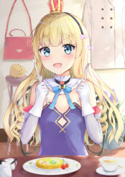 Rule 34 | 1girl, azur lane, bad id, bad pixiv id, bag, bare shoulders, bird, blonde hair, blue eyes, blue ribbon, blunt ends, blush, bow, buttons, cherry, chick, coat, crown, cup, day, detached collar, double-breasted, drinking glass, elbow gloves, flat chest, food, fork, fruit, gloves, hair bow, handbag, holding, houraku, indoors, kiwi (fruit), kiwi slice, knife, long hair, looking at viewer, neck ribbon, pink bow, plate, queen elizabeth (azur lane), ribbon, saucer, solo, stool, strapless, strawberry, stuffed chicken, table, tareme, tea, teacup, white coat, white gloves