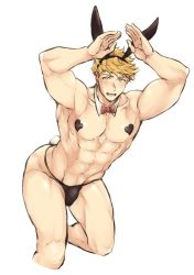 Rule 34 | 1boy, abs, animal ears, ass, bara, bare pectorals, black male underwear, blonde hair, blush, covered erect nipples, detached collar, fake animal ears, fake tail, granblue fantasy, green eyes, hazama (hazamazama), heart pasties, large pectorals, male focus, male playboy bunny, male underwear, muscular, muscular male, navel, pasties, pectorals, rabbit ears, rabbit tail, short hair, simple background, solo, tail, thick thighs, thighs, thong, undercut, underwear, vane (granblue fantasy), white background