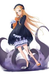 Rule 34 | 1girl, abigail williams (fate), black bow, black dress, black footwear, black hat, blonde hair, blue eyes, blush, bow, dress, fate/grand order, fate (series), fog, hair bow, hat, highres, kama (kama ovo), long hair, long sleeves, looking at viewer, orange bow, parted bangs, simple background, sleeves past wrists, smile, solo, standing, stuffed toy, tentacles, very long hair, white background