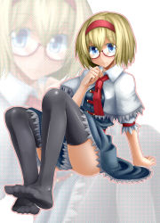 Rule 34 | 1girl, alice margatroid, bespectacled, black thighhighs, blonde hair, blue eyes, capelet, feet, female focus, glasses, hairband, halftone, halftone background, hand on floor, hand up, kasuka, legs, looking at viewer, short hair, sitting, skindentation, solo, sweatdrop, thighhighs, thighs, toes, touhou, zoom layer