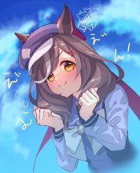 Rule 34 | 1girl, animal ears, blouse, blue hat, blue shirt, blue sky, blurry, blurry background, blush, bow, brown eyes, brown hair, chibi, chibi inset, closed mouth, cloud, cloudy sky, day, depth of field, ears through headwear, english text, flat cap, hair ornament, hairclip, hands up, hat, horse ears, long sleeves, looking at viewer, matikane tannhauser (umamusume), multicolored hair, ouri (aya pine), outdoors, purple shirt, school uniform, shirt, sky, smile, solo, streaked hair, tracen school uniform, umamusume, white bow, white hair