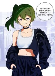 Rule 34 | 1girl, absurdres, black choker, black jacket, black pants, choker, commentary, contemporary, english commentary, english text, fukaikiri, green hair, grin, gym, highres, jacket, looking at viewer, midriff, navel, off shoulder, open clothes, open jacket, pants, parted lips, purple eyes, side ponytail, smile, solo, sousou no frieren, speech bubble, sports bra, ubel (sousou no frieren), white sports bra