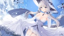 Rule 34 | 1girl, :&gt;, ahoge, aircraft, airplane, azur lane, bad id, bad pixiv id, bare shoulders, blue eyes, blush, breasts, canape (canape0130), choker, closed mouth, cloud, collarbone, day, dress, dutch angle, elbow gloves, garter straps, gloves, hat, highres, illustrious (azur lane), large breasts, long hair, looking at viewer, low twintails, mole, mole under eye, outdoors, silver hair, sky, solo, sparkle, strapless, strapless dress, thighhighs, twintails, water drop, white dress, white gloves, white hat, white thighhighs