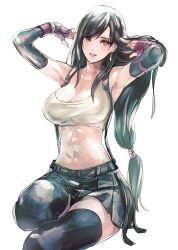 Rule 34 | 1girl, abs, absurdres, armpits, asymmetrical bangs, black hair, breasts, cleavage, earrings, final fantasy, final fantasy vii, final fantasy vii remake, fingerless gloves, gloves, highres, jewelry, large breasts, long hair, low-tied long hair, midriff, open mouth, red eyes, shirt, shoji sakura, single earring, sitting, skirt, smile, solo, square enix, suspender skirt, suspenders, teeth, thighhighs, thighs, tifa lockhart, upper teeth only, white shirt, zettai ryouiki