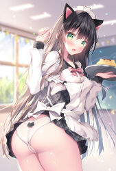 Rule 34 | 1girl, animal ears, animal print, apron, ass, black hair, blush, bunting, cake, cat ears, cat print, chalkboard, classroom, commentary request, dress, food, green eyes, highres, holding, holding tray, long hair, long sleeves, looking at viewer, maid, maid apron, maid headdress, open mouth, original, panties, plaid, plaid dress, pleated dress, print panties, smile, solo, thighs, tray, twisted torso, two-tone dress, underwear, very long hair, watagashi yui, white panties, window
