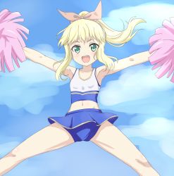 Rule 34 | 10s, 1girl, :d, baselard, blonde hair, bow, cheerleader, frame arms girl, green eyes, hair bow, high ponytail, jumping, midriff, navel, open mouth, pom pom (cheerleading), ponytail, sincos, smile, solo