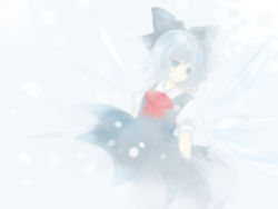 Rule 34 | 1girl, blue eyes, blue hair, bow, bowtie, cirno, dress, female focus, hair ribbon, matching hair/eyes, pale color, perfect cherry blossom, ribbon, shiina aya, solo, touhou, white background, wings
