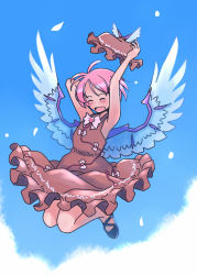 Rule 34 | 1girl, adapted costume, bird wings, black footwear, blush, brown dress, brown hat, closed eyes, dress, frilled dress, frills, full body, hat, holding, holding clothes, holding hat, mystia lorelei, open mouth, pink hair, rangycrow, shoes, short hair, sleeveless, sleeveless dress, smile, solo, touhou, unworn hat, unworn headwear, white wings, winged hat, wings