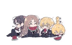 Rule 34 | 2boys, 2girls, :3, black coat, black pants, blush, brown hair, closed eyes, coat, don quixote (project moon), eating, food, fruit, gregor (project moon), limbus company, lm (lc goodgame), long hair, low ponytail, mole, mole under eye, multiple boys, multiple girls, pants, parted bangs, project moon, rodion (project moon), short hair, sidelocks, simple background, sinclair (project moon), smile, sweat, very long hair, watermelon, white background