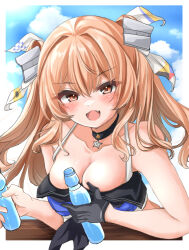 Rule 34 | 1girl, bikini, blush, breasts, brown eyes, cleavage, collar, collarbone, fang, gloves, highres, johnston (kancolle), kantai collection, kasashi (kasasi008), large breasts, light brown hair, long hair, looking at viewer, open mouth, solo, swimsuit, two side up