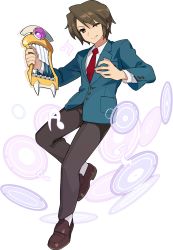 Rule 34 | 1boy, artist request, blue jacket, breast pocket, brown eyes, brown footwear, brown hair, brown pants, buttons, closed mouth, collared shirt, full body, gem, hands up, happy, highres, holding, holding instrument, instrument, jacket, koizumi itsuki, leg up, loafers, long sleeves, looking at viewer, lyre, male focus, music, musical note, necktie, non-web source, official art, one eye closed, pants, playing instrument, pocket, purple gemstone, red necktie, school uniform, shirt, shoes, short hair, sidelocks, simple background, smile, solo, standing, standing on one leg, suzumiya haruhi no yuuutsu, transparent background, v-shaped eyebrows, white shirt, wink, world flipper