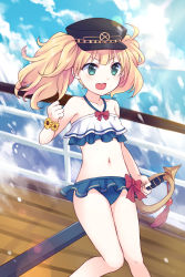Rule 34 | 1girl, :d, bare arms, bare shoulders, bikini, black hat, blonde hair, blue bikini, blue sky, blush, cloud, collarbone, commentary request, day, deck, flower, green eyes, gucchiann, halterneck, hat, highres, holding, holding sword, holding weapon, horizon, mismatched bikini, monika weisswind, navel, ocean, open mouth, outdoors, peaked cap, princess connect!, round teeth, sky, smile, solo, splashing, swimsuit, sword, teeth, twintails, upper teeth only, v-shaped eyebrows, water, weapon, white bikini, wrist flower, yellow flower