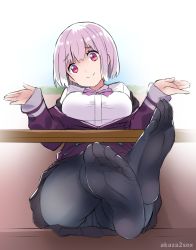 Rule 34 | 10s, 1girl, akaza, bow, breasts, feet, gridman universe, highres, jacket, large breasts, light purple hair, looking at viewer, no shoes, off shoulder, panties, panties under pantyhose, pantyhose, purple jacket, red eyes, school uniform, shinjou akane, shirt, short hair, shrugging, sitting, skirt, smile, soles, ssss.gridman, toes, underwear, white shirt