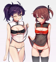 Rule 34 | 2girls, ;), antenna hair, arm at side, bandeau, bare arms, black legwear, black panties, black ribbon, blush, breast cutout, breasts, brown hair, china dress, chinese clothes, cleavage, closed mouth, clothes lift, clothing cutout, commentary request, commission, cowboy shot, dress, etou kanami, etou minato, gradient background, grey background, grin, groin, hair between eyes, hair ribbon, hand up, highres, lifting own clothes, light blush, looking at viewer, looking away, medium breasts, minutachi, mother and daughter, multiple girls, navel, nose blush, one eye closed, one side up, panties, pelvic curtain, pelvic curtain lift, ponytail, purple background, purple hair, ribbon, see-through, see-through dress, short hair, skeb commission, sleeveless, sleeveless dress, smile, standing, stomach, string panties, thighhighs, toji no miko, underboob, underwear, wavy mouth, white panties, yellow eyes