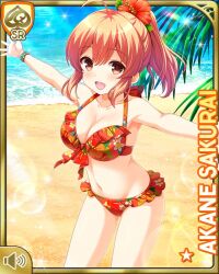 1girl bare_arms bare_legs bare_shoulders barefoot beach bikini breasts brown_eyes brown_hair card_(medium) cleavage day frilled_bikini frills girlfriend_(kari) hair_ornament looking_at_viewer midriff navel official_art open_mouth outdoors outstretched_arms ponytail qp:flapper red_bikini sakurai_akane_(girlfriend) smile standing swimsuit tropical