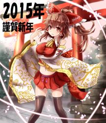 Rule 34 | 10s, 1girl, 2015, adapted costume, ascot, bare shoulders, black thighhighs, bow, breast hold, breasts, cherry blossoms, hair bow, hair tubes, hakurei reimu, large breasts, looking at viewer, new year, petals, red eyes, sidelocks, skirt, solo, sumapan, thighhighs, torii, touhou, zettai ryouiki