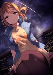 Rule 34 | 1girl, alternate hairstyle, black pantyhose, blue jacket, brown eyes, brown hair, commentary request, dutch angle, frills, half-closed eyes, highres, jacket, kunikida hanamaru, looking at viewer, love live!, love live! school idol festival, love live! sunshine!!, night, on railing, outdoors, pantyhose, ponytail, railing, shooting star, sidelocks, sitting, sky, sleeves rolled up, smile, solo, star (sky), starry sky, sweater, yamaori (yamaorimon), yellow sweater