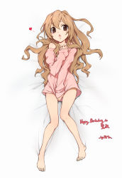 Rule 34 | 1girl, aisaka taiga, bare shoulders, barefoot, blush, brown eyes, brown hair, covering privates, covering crotch, dakimakura (medium), feet, full body, heart, highres, linjie, long hair, no pants, off-shoulder, off-shoulder sweater, off shoulder, on bed, shirt tug, sleeves past wrists, solo, sweater, toes, toradora!