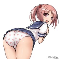 Rule 34 | 10s, 1girl, ass, bent over, don (29219), food print, from behind, hair bobbles, hair ornament, kantai collection, looking back, open mouth, panties, pink eyes, pink hair, pleated skirt, print panties, sailor collar, sazanami (kancolle), school uniform, serafuku, short twintails, skirt, solo, strawberry panties, strawberry print, trefoil, twintails, twitter username, underwear, white background, white panties