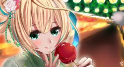 Rule 34 | 1girl, aqua eyes, aqua hair, blonde hair, blurry, blurry background, blush, candy apple, close-up, closed mouth, commentary request, floral print, flower, flower knot, food, hair flower, hair ornament, highres, holding, holding skewer, inaba gou, japanese clothes, kimono, lantern, multicolored hair, official alternate costume, paper lantern, shidake iyo, skewer, solo, spread fingers, summer festival, tenka hyakken, tongue, tongue out, two-tone hair, yukata