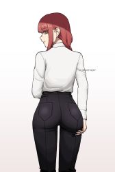 Rule 34 | 1girl, absurdres, artist name, ass, braid, braided ponytail, chainsaw man, collared shirt, from behind, highres, huge ass, k3nnyn3v, looking back, makima (chainsaw man), medium hair, pants, red hair, ringed eyes, shirt, shirt tucked in, sidelocks, smile, solo, tight clothes, tight pants, white shirt, yellow eyes