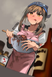 Rule 34 | 1girl, :q, apron, bottle, bowl, brown eyes, brown hair, chocolate, chocolate making, chocolate on face, ergot, food, food on face, fubuki (kancolle), fubuki kai ni (kancolle), grey background, jewelry, kantai collection, ring, solo, tongue, tongue out, valentine, whisk