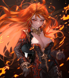 1girl absurdres ahoge biker_clothes bikesuit black_bikesuit black_gloves bodysuit breasts cleavage earrings genshin_impact gloves grin helmet highres holding holding_helmet jewelry kisgnuj large_breasts long_hair looking_at_viewer mavuika_(genshin_impact) motorcycle_helmet multicolored_hair orange_eyes orange_hair red_hair smile teeth two-tone_hair unworn_headwear unworn_helmet very_long_hair