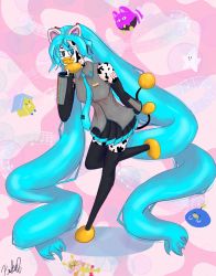 Rule 34 | 1girl, absurdly long hair, aqua hair, aqua necktie, bare shoulders, black thighhighs, breasts, collared shirt, cosplay, detached sleeves, full body, grey shirt, hatsune miku, hatsune miku (cosplay), highres, itemlabel, long hair, medium breasts, necktie, peepy, pink background, pixiedixiedo, shirt, shoulder tattoo, sleeveless, sleeveless shirt, standing, standing on one leg, tattoo, thighhighs, very long hair