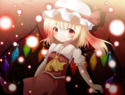 Rule 34 | 1girl, 2525kip, ascot, breasts, closed mouth, collared shirt, danmaku, flandre scarlet, frilled sleeves, frills, glowing, glowing wings, gradient background, hat, hat ribbon, laevatein (tail), light smile, looking at viewer, medium hair, mob cap, multicolored wings, one side up, puffy short sleeves, puffy sleeves, red background, red eyes, red ribbon, red skirt, red vest, ribbon, shirt, short sleeves, simple background, skirt, small breasts, solo, tail, touhou, vest, white hat, white shirt, wings, yellow ascot