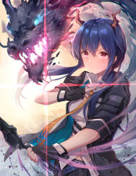 Rule 34 | 1girl, arknights, belt, black shorts, blue belt, blue hair, blurry, breasts, ch&#039;en (arknights), closed mouth, collared shirt, commentary request, depth of field, dragon, dragon girl, dragon horns, dragon tail, elite ii (arknights), fingerless gloves, floating hair, glint, gloves, hair between eyes, highres, horns, jacket, long hair, looking at viewer, medium breasts, multicolored neckwear, necktie, ponytail, red eyes, serious, shirt, shorts, sidelocks, sleeveless, sleeveless shirt, solo, standing, sword, tail, taro (ultrataro), uniform, weapon, white shirt