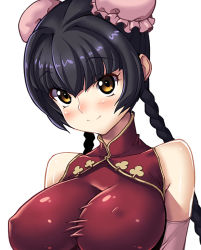 Rule 34 | 00s, 1girl, bare shoulders, black hair, blush, breasts, bun cover, china dress, chinese clothes, covered erect nipples, double bun, dress, elbow gloves, gloves, gundam, gundam 00, hair bun, impossible clothes, impossible shirt, kink (tortoiseshell), long hair, shiny clothes, shirt, skin tight, smile, solo, taut clothes, taut shirt, wang liu mei, yellow eyes