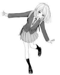 Rule 34 | 1girl, :d, backpack, bag, blush, commentary, greyscale, highres, inkdaisuki, jacket, leaning forward, loafers, long sleeves, looking at viewer, medium hair, monochrome, necktie, open mouth, original, outstretched arms, pleated skirt, school uniform, shoes, simple background, skirt, smile, socks, solo, spread arms, standing, standing on one leg, vest, white background