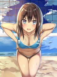 Rule 34 | 1girl, bare arms, bare shoulders, beach, bent over, bikini, blue eyes, blush, breasts, brown hair, cleavage, cloud, commentary request, cowboy shot, day, hands on own hips, kureha (ironika), large breasts, long hair, looking at viewer, navel, open mouth, original, outdoors, sand, sky, solo, sports bikini, stomach, swimsuit, thigh gap, thighs, tsubasa (kureha), volleyball net