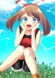 Rule 34 | 1girl, :d, absurdres, bad id, bad pixiv id, bike shorts, black shirt, black shorts, blue eyes, blue sky, blush, breasts, brown hair, cloud, collarbone, creatures (company), day, game freak, hair ribbon, highres, long hair, looking at viewer, may (pokemon), may (pokemon oras), medium breasts, nintendo, open mouth, outdoors, pokemon, pokemon oras, red shirt, ribbon, shirt, short shorts, shorts, shorts under shorts, sitting, sky, sleeveless, sleeveless shirt, smile, solo, striped ribbon, twintails, white shorts, yuihico