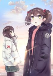 Rule 34 | 10s, 2girls, :o, bad id, bad pixiv id, blush, brown hair, clothes writing, cloud, coat, day, down jacket, green skirt, hair ornament, hand in pocket, hood, hood down, jacket, kantai collection, kureha (angelite), lens flare, logo, long sleeves, looking away, looking to the side, looking up, magatama, miniskirt, multiple girls, ocean, open mouth, outdoors, pantyhose, pleated skirt, ryuujou (kancolle), skirt, sky, standing, sunrise, sunset, taihou (kancolle), twintails, winter clothes, winter coat, yellow eyes, zipper