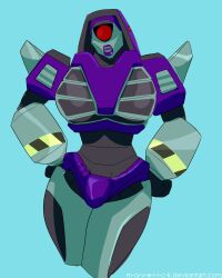 Rule 34 | 1girl, alien, blue background, breasts, clobber (transformers), cyclops, hands on own hips, highres, humanoid robot, large breasts, looking at viewer, m-a-v-e-r-i-c-k, one-eyed, panties, purple lips, purple panties, robot, simple background, solo, thick thighs, thighs, transformers, underwear