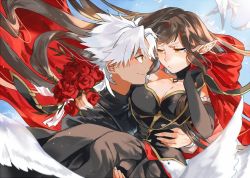 Rule 34 | 1boy, 1girl, amakusa shirou (fate), artist request, bare shoulders, bird, black dress, black hair, blue sky, blush, breasts, bridal gauntlets, brown eyes, cape, carrying, cleavage, closed mouth, collarbone, dark skin, dress, earrings, eye contact, fate/apocrypha, fate (series), fingernails, flower, frown, hand on another&#039;s shoulder, holding, holding clothes, jewelry, long dress, long hair, looking at another, pointy ears, princess carry, red cape, red flower, red rose, rose, semiramis (fate), sky, smile, upper body, white hair, yellow eyes
