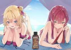 Rule 34 | 2girls, absurdres, akai haato, akai haato (hololive summer 2019), bare arms, bare shoulders, barefoot, beach, beach mat, bikini, blonde hair, blue eyes, blue sky, blush, breasts, chromatic aberration, closed mouth, commentary request, day, eyes visible through hair, hair between eyes, hair bun, hands on own cheeks, hands on own face, head rest, heart, heart necklace, highres, hololive, houshou marine, houshou marine (summer), jewelry, koubou (cowbow kun), large breasts, long hair, looking at viewer, lotion bottle, lying, multiple girls, necklace, on stomach, open mouth, outdoors, red bikini, red eyes, red hair, single hair bun, sky, smile, string bikini, swimsuit, tent, the pose, untied bikini, virtual youtuber, yellow eyes