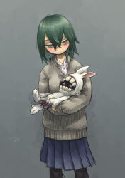 Rule 34 | 1girl, animal costume, bags under eyes, black pantyhose, blue skirt, blush, carrying, child carry, chiyo maru, commentary request, cosplay, creature, feet out of frame, green eyes, green hair, grey background, grey sweater, hair between eyes, highres, holding, holding creature, kigurumi, long sleeves, looking at viewer, mandarin collar, medium hair, original, pantyhose, pleated skirt, rabbit costume, shirt, signature, simple background, skirt, solo, standing, sweater, white shirt