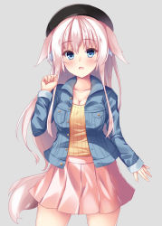 Rule 34 | 1girl, animal ears, blue eyes, blue jacket, blush, breasts, cleavage, collarbone, commentary request, cowboy shot, ears down, elvy frost, fox ears, fox girl, fox tail, grey background, hair between eyes, hand up, highres, jacket, kouzuki fukurou, long hair, long sleeves, looking at viewer, medium breasts, open clothes, open jacket, open mouth, original, pink hair, pink skirt, pleated skirt, ribbed sweater, simple background, skirt, solo, sweater, tail, very long hair, yellow sweater