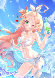 Rule 34 | 1girl, :o, bangs pinned back, bare arms, bare shoulders, bikini, blonde hair, blush, bow, breasts, caron (straycat910), clothes lift, cloud, collarbone, commentary request, cowboy shot, crazy straw, cup, day, disposable cup, drinking straw, flower, frilled bikini, frills, green eyes, hair bow, hair flower, hair ornament, hairclip, halterneck, halterneck, hands up, heart, heart straw, highres, holding, holding cup, lifting own clothes, long hair, looking at viewer, medium breasts, navel, one eye closed, original, outdoors, red flower, sarong, sarong lift, side-tie bikini bottom, sky, solo, stomach, string bikini, swimsuit, very long hair, wading, water, white bikini, white bow, x hair ornament