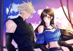 Rule 34 | 1boy, 1girl, bare shoulders, belt, black hair, blonde hair, blue eyes, blue sweater, blush, closed mouth, cloud, cloud strife, cloudy sky, cropped sweater, detached sleeves, earrings, final fantasy, final fantasy vii, final fantasy vii ever crisis, final fantasy vii remake, highres, iwonn (pixiv943160), jewelry, long hair, midriff, navel, off-shoulder sweater, off shoulder, official alternate costume, one eye closed, outdoors, red eyes, sky, sleeveless, smile, square enix, sweater, tifa lockhart