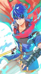 Rule 34 | 1boy, absurdres, aura, black gloves, blue eyes, blue hair, cape, closed mouth, fingerless gloves, fire emblem, fire emblem: path of radiance, gloves, gold trim, green headband, headband, highres, holding, holding sword, holding weapon, ike (fire emblem), light frown, male focus, nintendo, pants, red cape, solo, sword, v-shaped eyebrows, weapon, white background, white pants, yasaikakiage