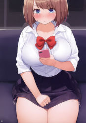 Rule 34 | 1girl, absurdres, black shirt, blue eyes, blush, bow, bowtie, breasts, brown hair, cellphone, closed mouth, collarbone, covering privates, covering crotch, embarrassed, fingernails, highres, holding, holding phone, kaisen chuui, large breasts, long sleeves, looking at viewer, nail polish, non-web source, nose blush, original, page number, panties, phone, pink nails, pleated skirt, raised eyebrows, red bow, red bowtie, school uniform, shirt, short hair, short sleeves, side-tie panties, side-tie peek, sitting, skirt, smartphone, solo, sweatdrop, train interior, underwear, white shirt
