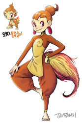 Rule 34 | blush, brown pants, brown shirt, chimchar, creature and personification, creatures (company), earrings, eyeshadow, fingernails, full body, game freak, gen 4 pokemon, hand on own knee, highres, jewelry, makeup, nintendo, orange hair, pants, personification, pokemon, ponytail, puffy pants, red eyeshadow, shirt, signature, simple background, smile, standing, standing on one leg, tail, tamtamdi, toenails, toes, white background