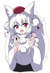 Rule 34 | 1girl, :o, animal ears, bare shoulders, black skirt, highres, inubashiri momiji, looking at viewer, open mouth, pokopoko ponzu, pom pom (clothes), red eyes, shirt, short hair, simple background, skirt, solo, tail, touhou, upper body, white background, white hair, white shirt, white sleeves, wolf ears, wolf girl, wolf tail
