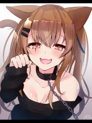 Rule 34 | 1girl, :d, animal ears, bad id, bad pixiv id, bare shoulders, belt collar, black collar, black shirt, blush, breasts, brown background, brown hair, cat ears, cat girl, cat tail, chain, collar, collarbone, commentary request, game cg, girls&#039; frontline, gradient background, hair between eyes, hair ornament, hairclip, hand up, highres, kemonomimi mode, letterboxed, long hair, long sleeves, off-shoulder shirt, off shoulder, open mouth, ramchi, red eyes, shirt, signature, sleeves past wrists, small breasts, smile, solo, tail, ump9 (girls&#039; frontline), white background