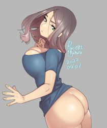 Rule 34 | 1girl, agawa ryou, ass, bottomless, breasts, cleavage, curvy, grey background, grey hair, large breasts, long hair, looking at viewer, looking back, original, shirt, simple background, solo