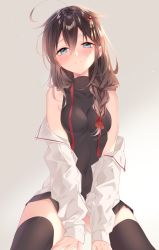 Rule 34 | 1girl, ahoge, bare shoulders, black skirt, black thighhighs, blouse, blue eyes, blush, braid, braided ponytail, breasts, brown hair, closed mouth, commentary, covered collarbone, covered navel, hair between eyes, hair flaps, hair ornament, highres, kantai collection, long sleeves, looking at viewer, medium breasts, messy hair, naoto (tulip), navel, off-shoulder shirt, off shoulder, official alternate costume, ribbon, shigure (kancolle), shigure kai ni (kancolle), shirt, simple background, single braid, skirt, sleeveless, sleeveless shirt, solo, thighhighs
